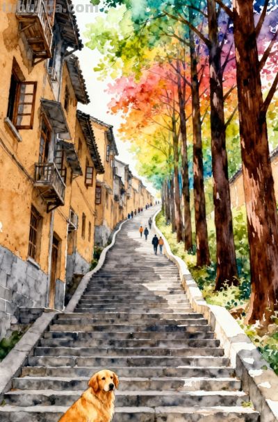 水彩插画，秋日古巷，石阶蜿蜒，金毛守路，层林尽染 - 今日头条