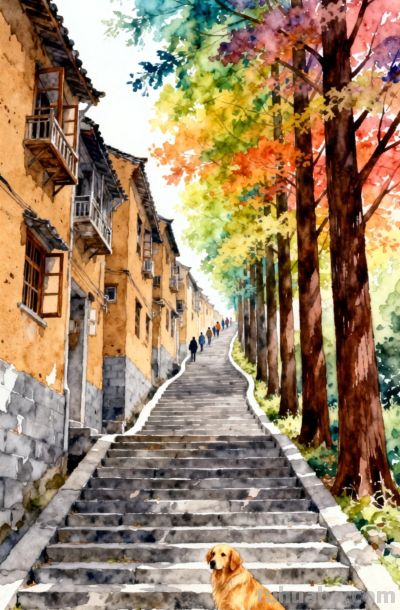 水彩插画，秋日古巷，石阶蜿蜒，金毛守路，层林尽染 - 图画吧TUHUABA