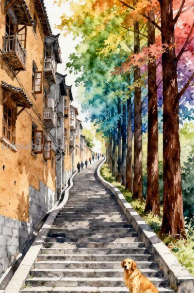 水彩插画，秋日古巷，石阶蜿蜒，金毛守路，层林尽染 - 图画吧TUHUABA