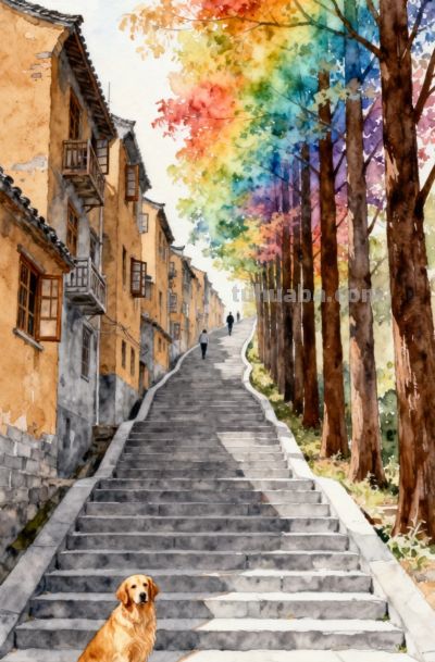 水彩插画，秋日古巷，石阶蜿蜒，金毛守路，层林尽染 - 图画吧TUHUABA