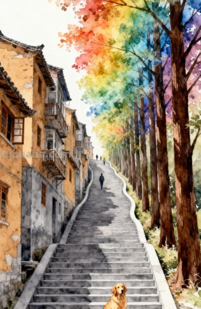 水彩插画，秋日古巷，石阶蜿蜒，金毛守路，层林尽染 - 图画吧TUHUABA