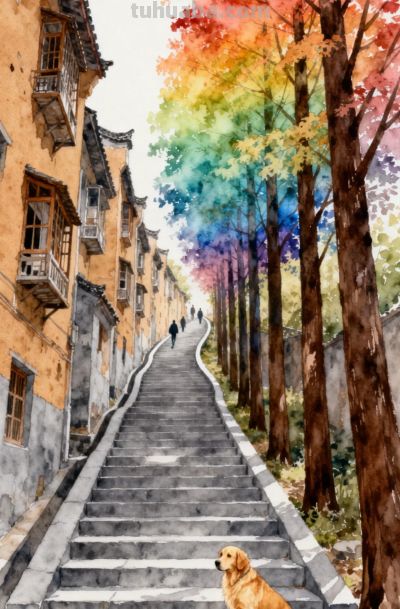 水彩插画，秋日古巷，石阶蜿蜒，金毛守路，层林尽染 - 图画吧TUHUABA