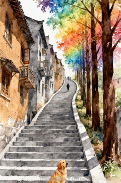 水彩插画，秋日古巷，石阶蜿蜒，金毛守路，层林尽染 - 图画吧TUHUABA