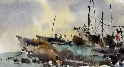 每日一画 | 水天濛濛一棹闲 墨色淋漓是归船——泊船·风景写意水彩 - 图画吧TUHUABA