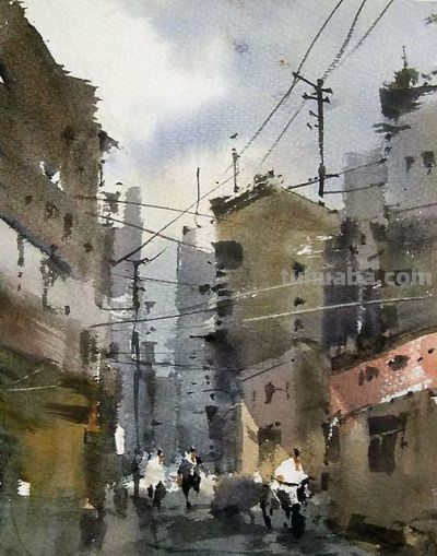 每日一画 | 巷陌氤氲水色里，人间烟火笔端生——小街·风景写意水彩 - 图画吧TUHUABA