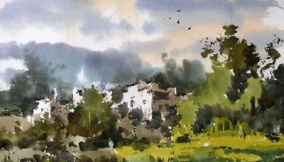 每日一画 | 溪光摇碎云边影 村在青林罨画中——村边的小河·写意水彩 - 图画吧TUHUABA