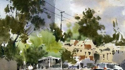 每日一画 | 街树摇青衔市气 车尘带暖入云光——街头行·写意水彩 - 图画吧TUHUABA