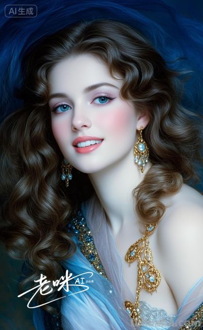 绝美油画——把浪漫揉进光影，湛蓝融进眼眸的温婉古典美人 - 图画吧TUHUABA