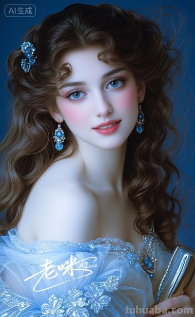 绝美油画——把浪漫揉进光影，湛蓝融进眼眸的温婉古典美人 - 图画吧TUHUABA