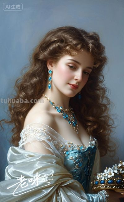 绝美油画——把浪漫揉进光影，湛蓝融进眼眸的温婉古典美人 - 图画吧TUHUABA