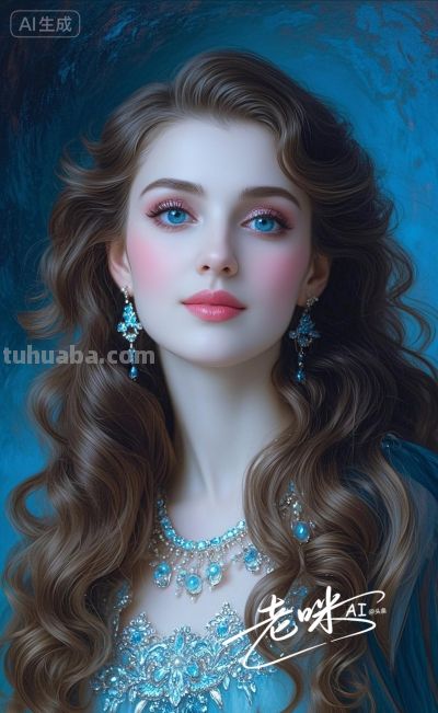 绝美油画——把浪漫揉进光影，湛蓝融进眼眸的温婉古典美人 - 图画吧TUHUABA