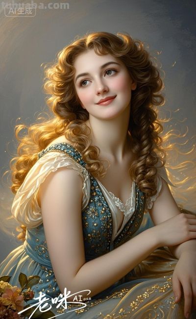 绝美油画——把浪漫揉进光影，湛蓝融进眼眸的温婉古典美人 - 图画吧TUHUABA