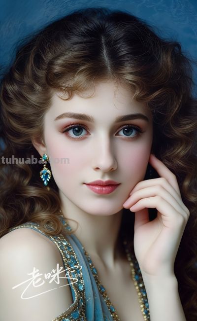绝美油画——把浪漫揉进光影，湛蓝融进眼眸的温婉古典美人 - 图画吧TUHUABA