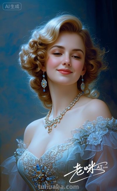 绝美油画——把浪漫揉进光影，湛蓝融进眼眸的温婉古典美人 - 图画吧TUHUABA