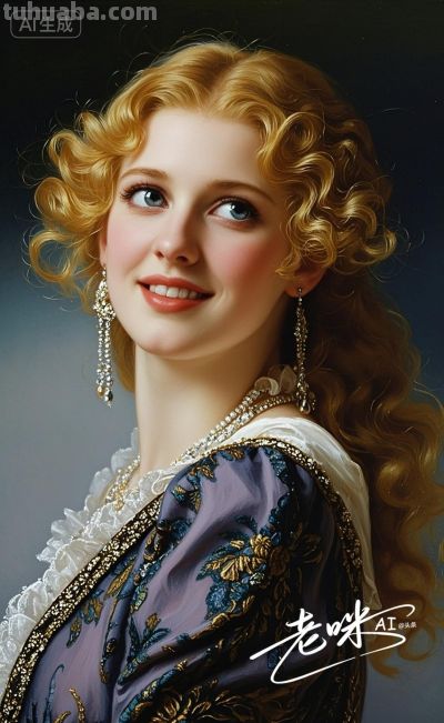 绝美油画——把浪漫揉进光影，湛蓝融进眼眸的温婉古典美人 - 图画吧TUHUABA