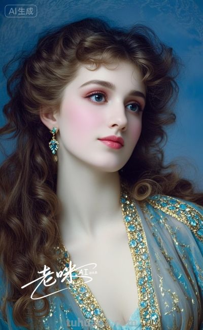 绝美油画——把浪漫揉进光影，湛蓝融进眼眸的温婉古典美人 - 图画吧TUHUABA