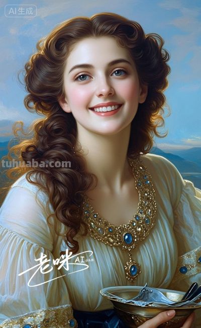 绝美油画——把浪漫揉进光影，湛蓝融进眼眸的温婉古典美人 - 图画吧TUHUABA