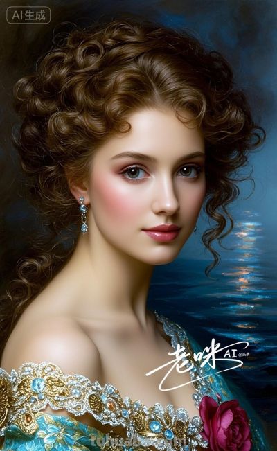 绝美油画——把浪漫揉进光影，湛蓝融进眼眸的温婉古典美人 - 图画吧TUHUABA