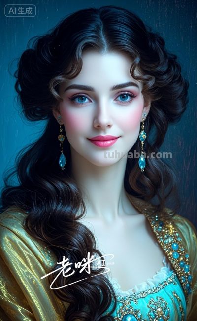 绝美油画——把浪漫揉进光影，湛蓝融进眼眸的温婉古典美人 - 图画吧TUHUABA