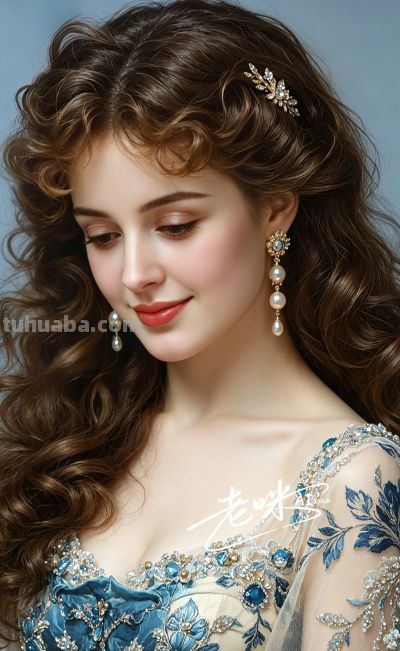 绝美油画——把浪漫揉进光影，湛蓝融进眼眸的温婉古典美人 - 图画吧TUHUABA