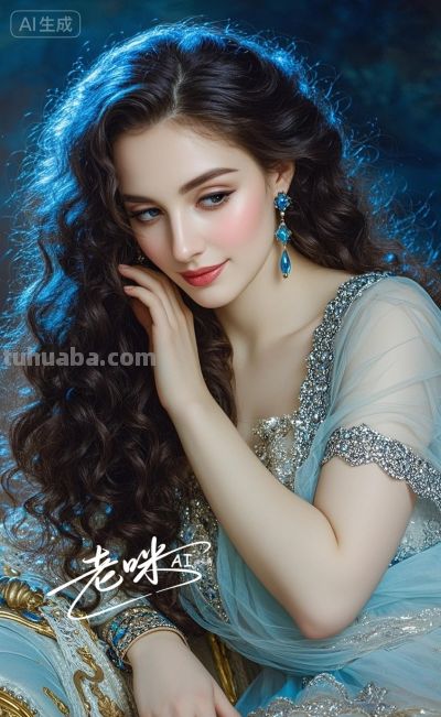 绝美油画——把浪漫揉进光影，湛蓝融进眼眸的温婉古典美人 - 图画吧TUHUABA