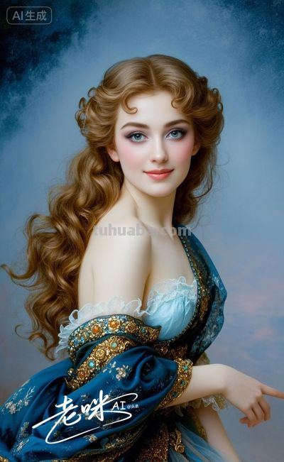 绝美油画——把浪漫揉进光影，湛蓝融进眼眸的温婉古典美人 - 图画吧TUHUABA