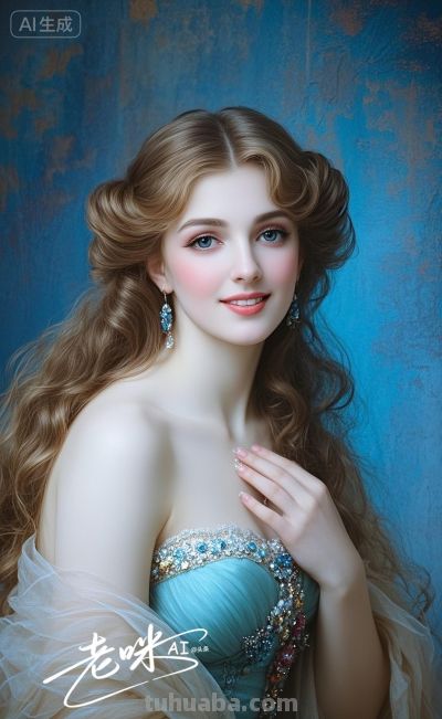 绝美油画——把浪漫揉进光影，湛蓝融进眼眸的温婉古典美人 - 图画吧TUHUABA