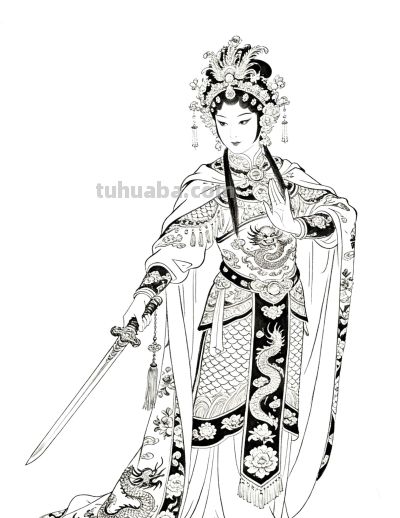 白描戏曲人物线稿，从不同服饰看人物画法，原来这就是服饰之美 - 图画吧TUHUABA
