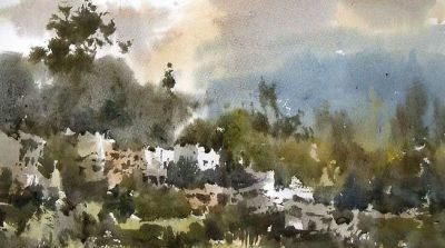 每日一画 | 山衔云气村藏绿 水晕天光树抱白——山村·风景写意水彩 - 图画吧TUHUABA
