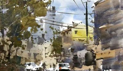 每日一画 | 树影泼青衔市韵 街光洇彩抱车声——写生祥德路·写意水彩 - 图画吧TUHUABA