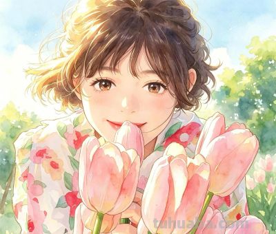 元气春日限定少女水彩头像 - 图画吧TUHUABA