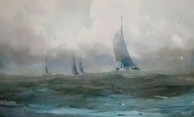 圣彼得堡国立艺术学院的副教授笔下水彩风景白云大海 - 图画吧TUHUABA