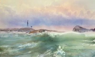 圣彼得堡国立艺术学院的副教授笔下水彩风景白云大海 - 图画吧TUHUABA