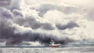 圣彼得堡国立艺术学院的副教授笔下水彩风景白云大海 - 图画吧TUHUABA