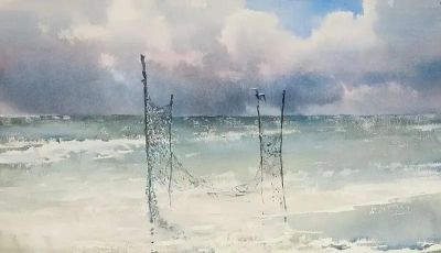 圣彼得堡国立艺术学院的副教授笔下水彩风景白云大海 - 图画吧TUHUABA