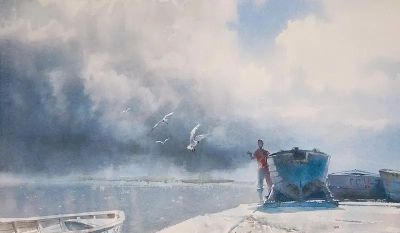 圣彼得堡国立艺术学院的副教授笔下水彩风景白云大海 - 图画吧TUHUABA