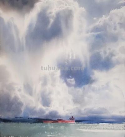 圣彼得堡国立艺术学院的副教授笔下水彩风景白云大海 - 图画吧TUHUABA