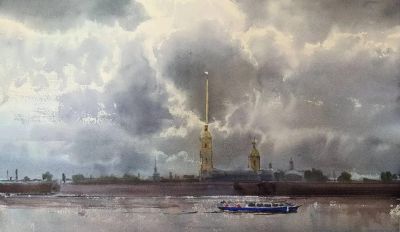 圣彼得堡国立艺术学院的副教授笔下水彩风景白云大海 - 图画吧TUHUABA