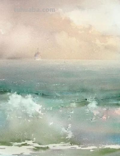 圣彼得堡国立艺术学院的副教授笔下水彩风景白云大海 - 图画吧TUHUABA