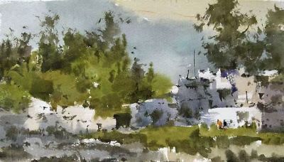 每日一画 | 晴光泼翠融村影 水色洇云抱日声·阳光下的小村·写意水彩 - 图画吧TUHUABA