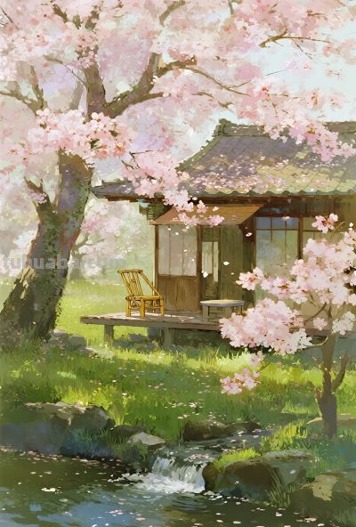 水彩厚涂，阳光明媚，小溪，小屋，竹椅，小桌，开满鲜花的大树 - 图画吧TUHUABA