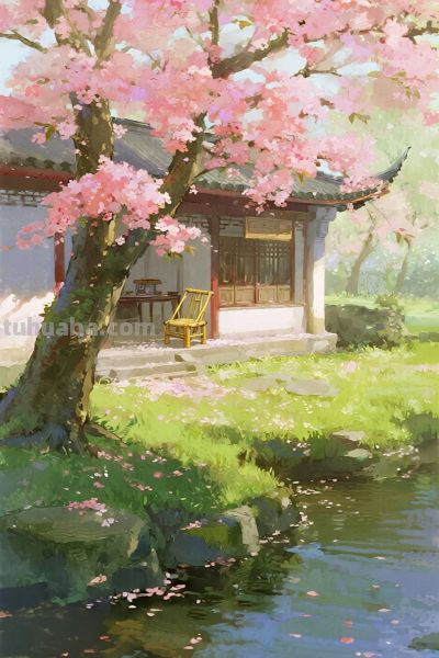 水彩厚涂，阳光明媚，小溪，小屋，竹椅，小桌，开满鲜花的大树 - 图画吧TUHUABA