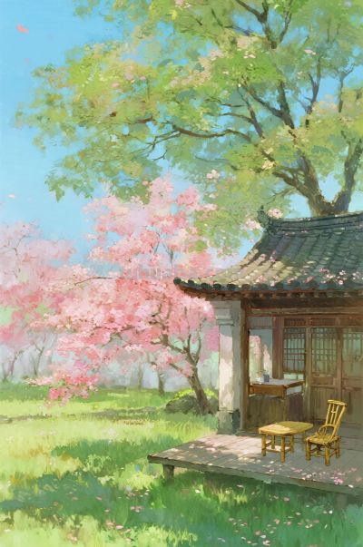 水彩厚涂，阳光明媚，小溪，小屋，竹椅，小桌，开满鲜花的大树 - 图画吧TUHUABA