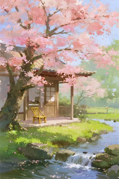 水彩厚涂，阳光明媚，小溪，小屋，竹椅，小桌，开满鲜花的大树 - 图画吧TUHUABA