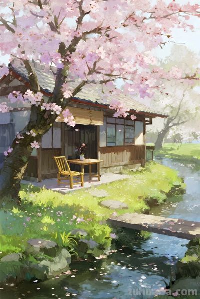 水彩厚涂，阳光明媚，小溪，小屋，竹椅，小桌，开满鲜花的大树 - 图画吧TUHUABA