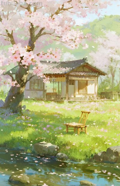 水彩厚涂，阳光明媚，小溪，小屋，竹椅，小桌，开满鲜花的大树 - 图画吧TUHUABA