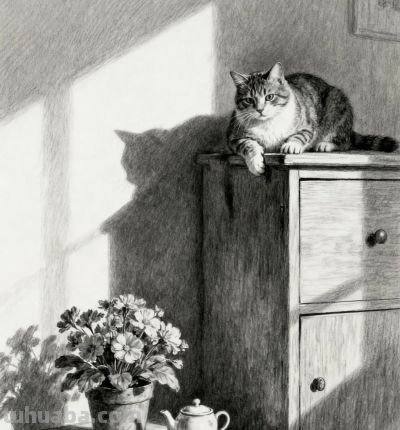 素描画，猫咪在窗边好奇地看着花 - 图画吧TUHUABA