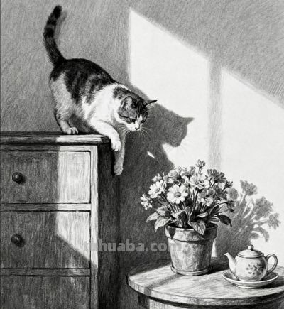 素描画，猫咪在窗边好奇地看着花 - 今日头条