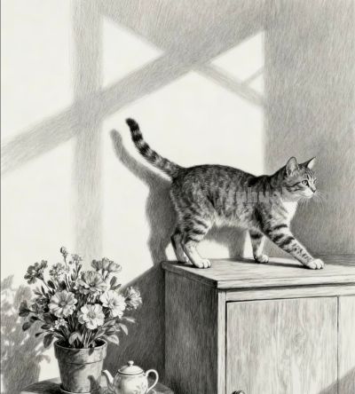 素描画，猫咪在窗边好奇地看着花 - 图画吧TUHUABA