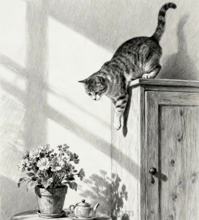 素描画，猫咪在窗边好奇地看着花 - 图画吧TUHUABA